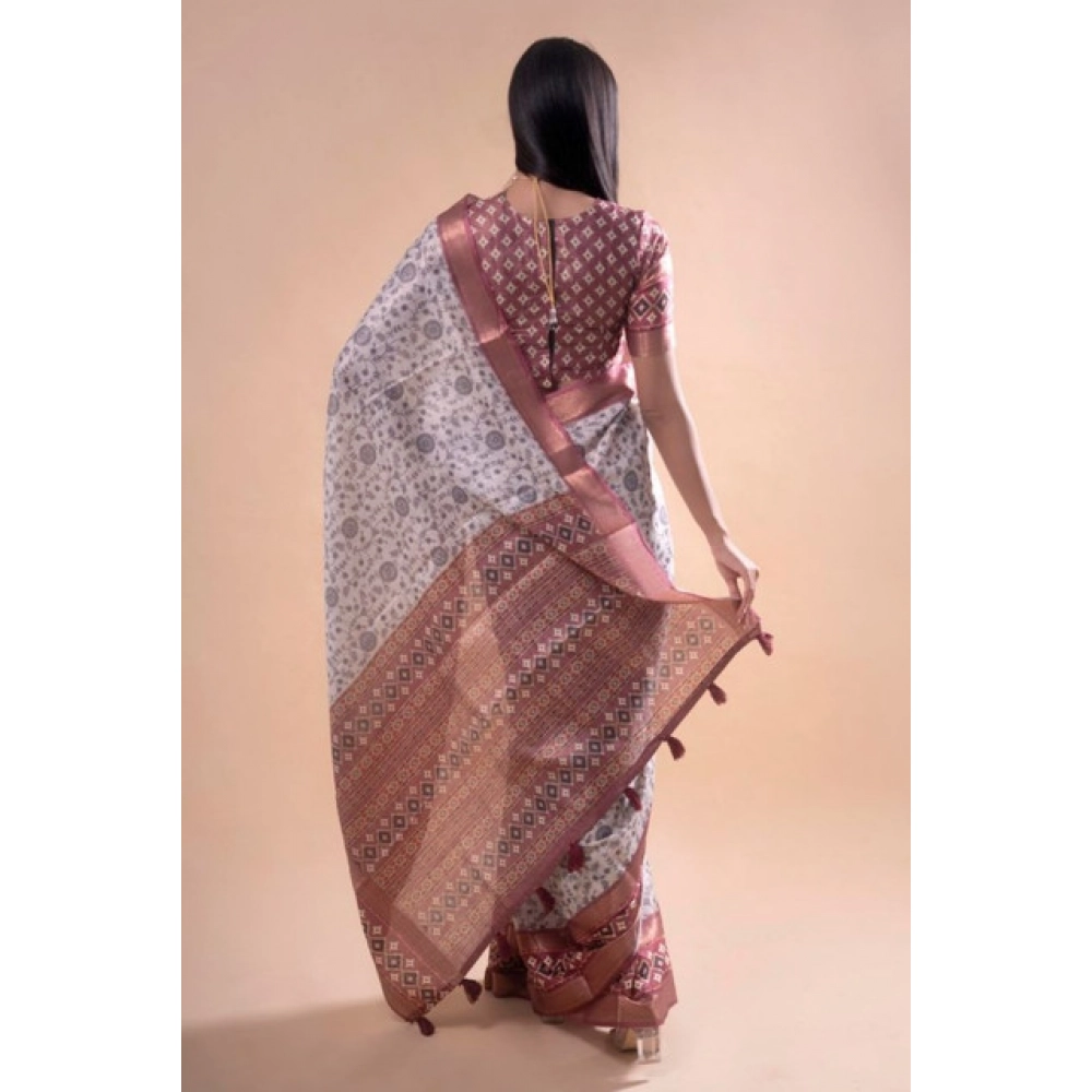 Women's Polyester Printed Saree With Unstitched Blouse 5.5 Mtr?(Off-White) - Image 3
