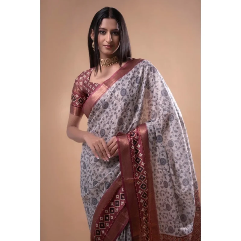 Alternative view of Women's Polyester Printed Saree With Unstitched Blouse 5.5 Mtr?(Off-White)