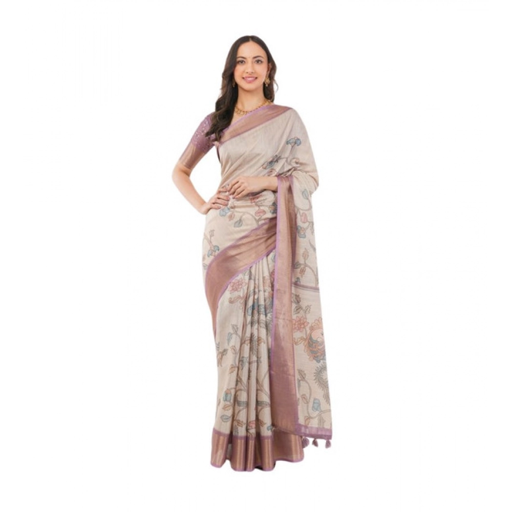 Women's Polyester Printed Saree With Unstitched Blouse 5.5 Mtr?(Cream)