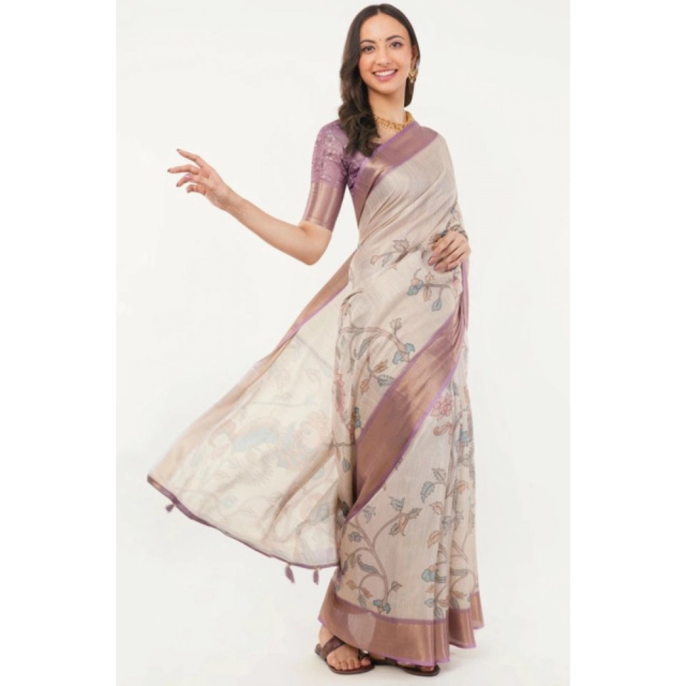 Women's Polyester Printed Saree With Unstitched Blouse 5.5 Mtr?(Cream) - Image 4