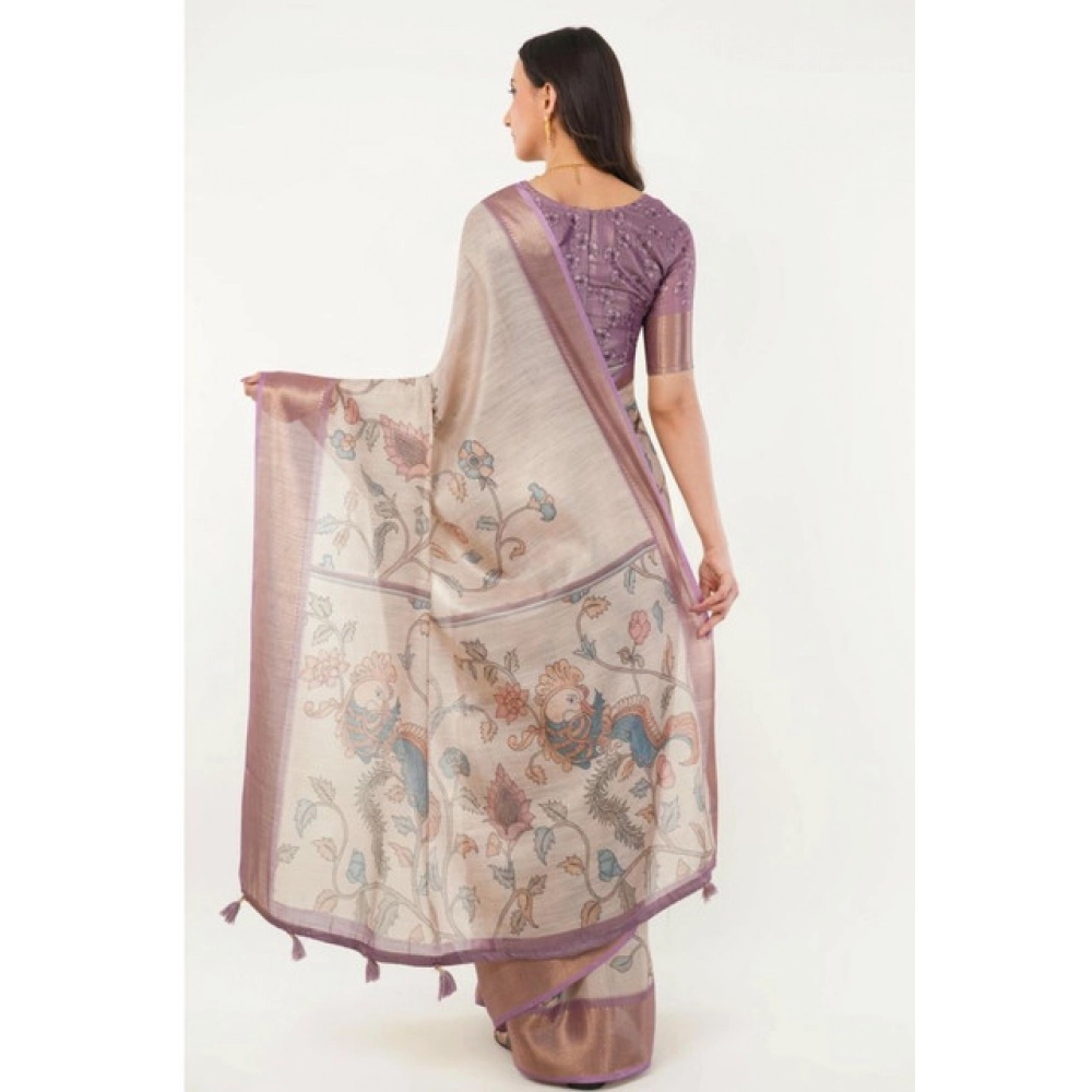 Women's Polyester Printed Saree With Unstitched Blouse 5.5 Mtr?(Cream) - Image 3