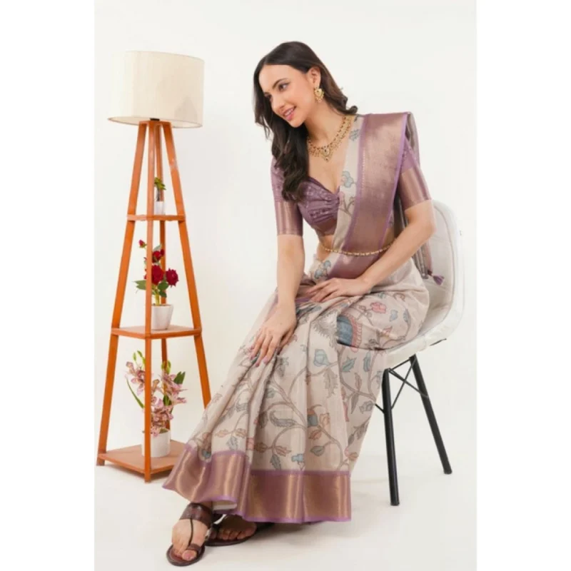 Alternative view of Women's Polyester Printed Saree With Unstitched Blouse 5.5 Mtr?(Cream)