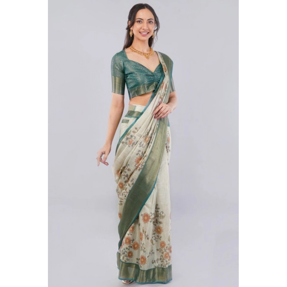 Women's Polyester Printed Ready To Wear Saree With Unstitched Blouse 5.5 Mtr?(Beige) - Image 3