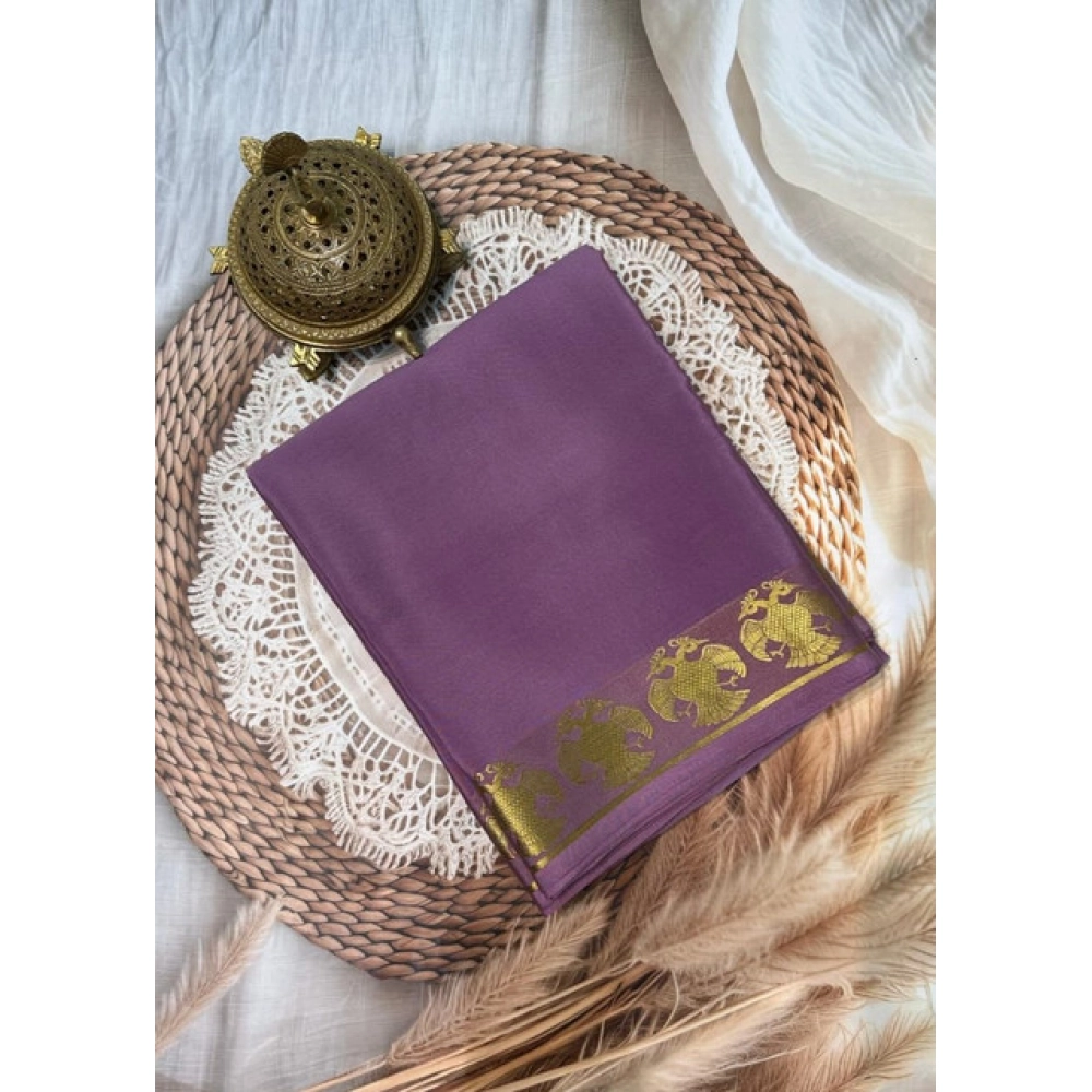 Women's Crepe Chit Pallu Solid Saree With Unstitched Blouse 5.5Mtr (Lavender)