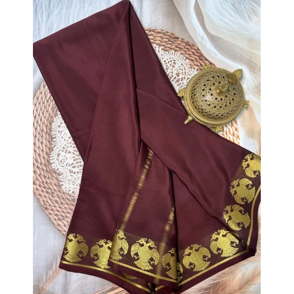 Women's Crepe Chit Pallu Solid Saree With Unstitched Blouse 5.5Mtr (Brown)