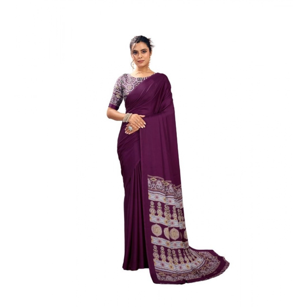 Women's Satin Crepe Printed Saree With Unstitched Blouse 5.5Mtr (Purple)