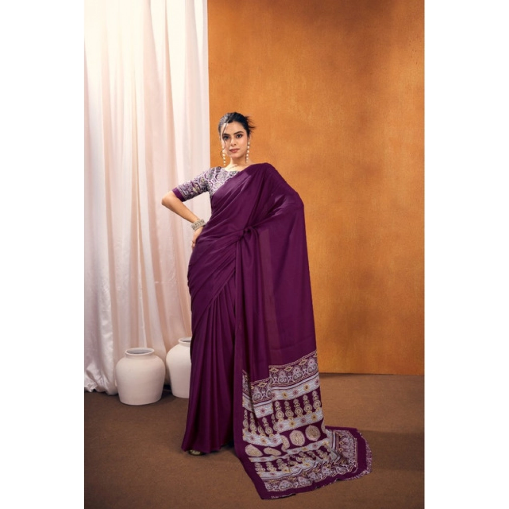 Women's Satin Crepe Printed Saree With Unstitched Blouse 5.5Mtr (Purple) - Image 4