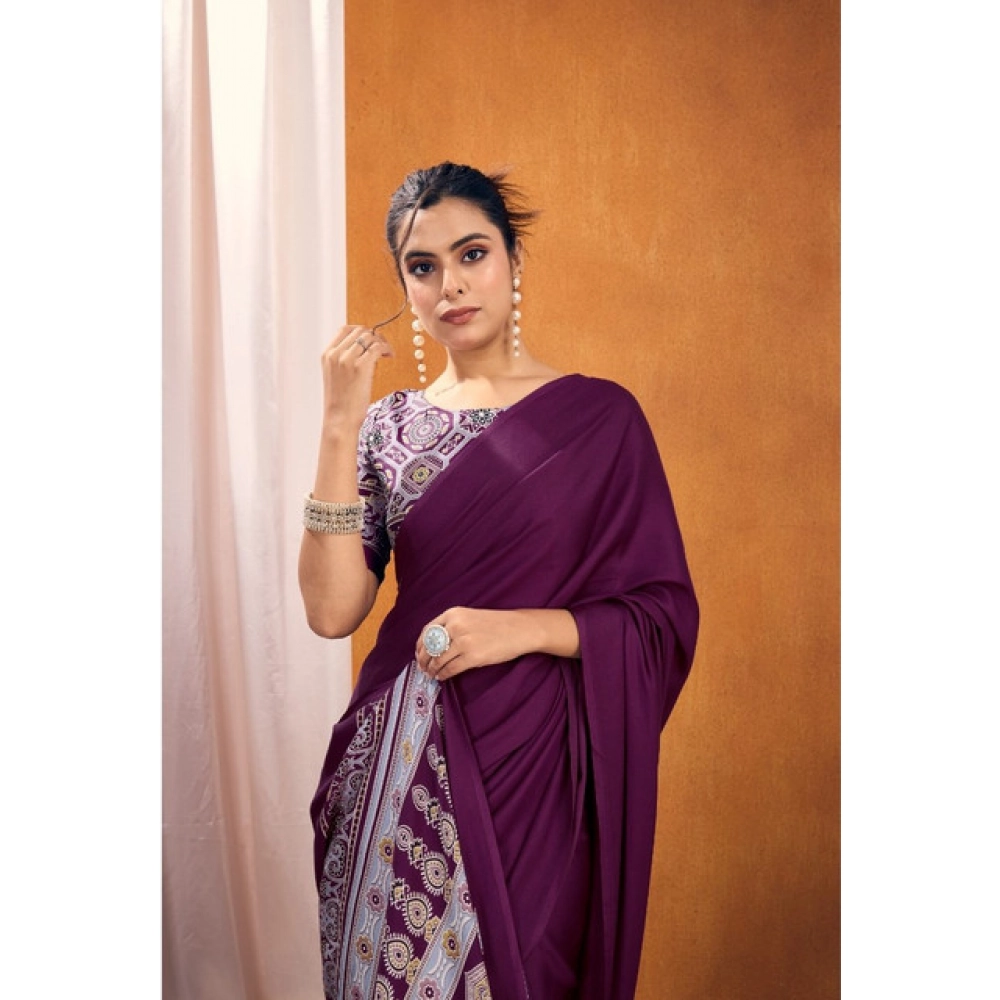 Women's Satin Crepe Printed Saree With Unstitched Blouse 5.5Mtr (Purple) - Image 3