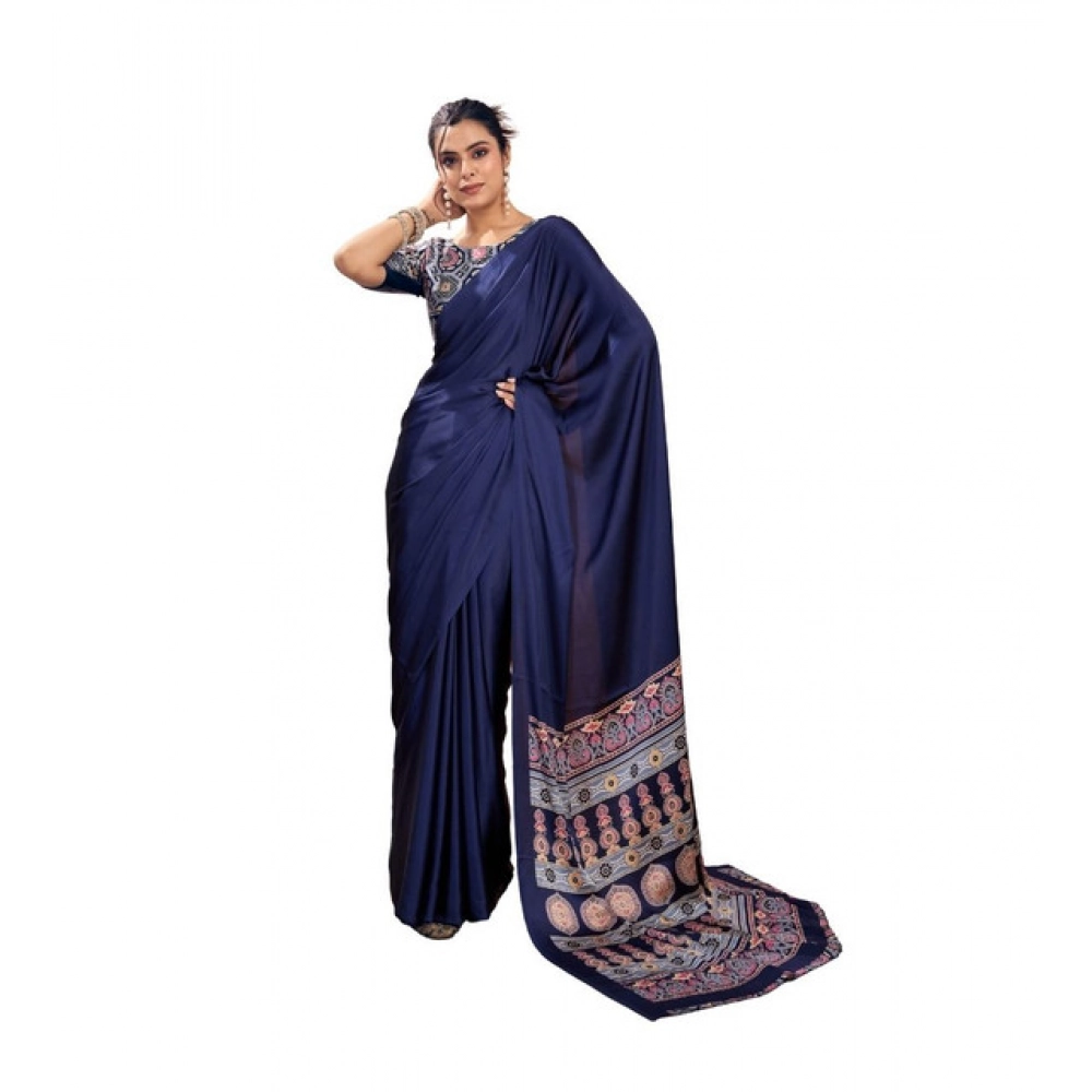 Women's Satin Crepe Printed Saree With Unstitched Blouse 5.5Mtr (Navy Blue)