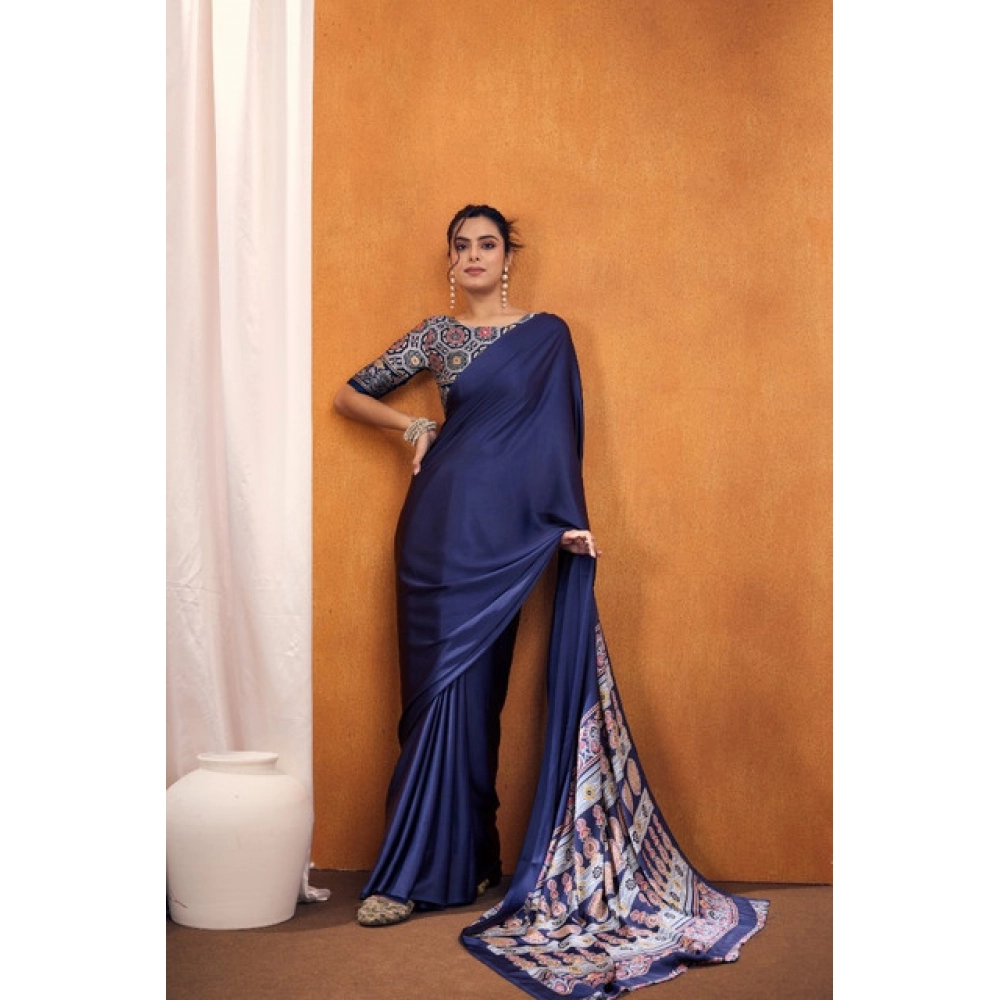 Women's Satin Crepe Printed Saree With Unstitched Blouse 5.5Mtr (Navy Blue) - Image 4
