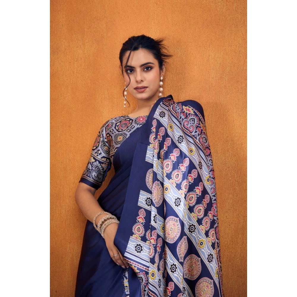 Women's Satin Crepe Printed Saree With Unstitched Blouse 5.5Mtr (Navy Blue) - Image 3