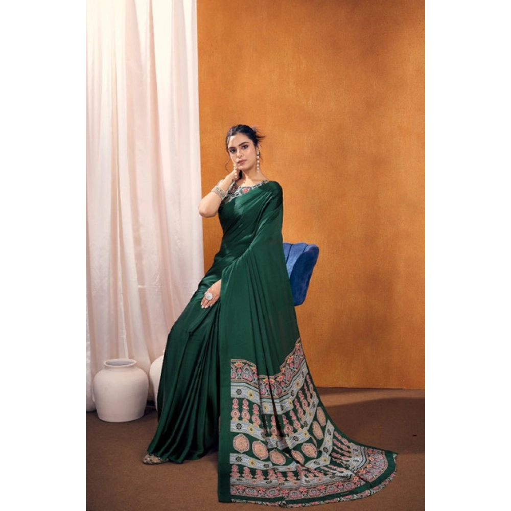 Women's Satin Crepe Printed Saree With Unstitched Blouse 5.5Mtr (Bottle Green) - Image 4