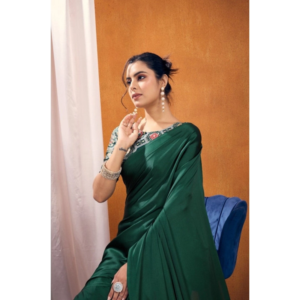 Women's Satin Crepe Printed Saree With Unstitched Blouse 5.5Mtr (Bottle Green) - Image 3