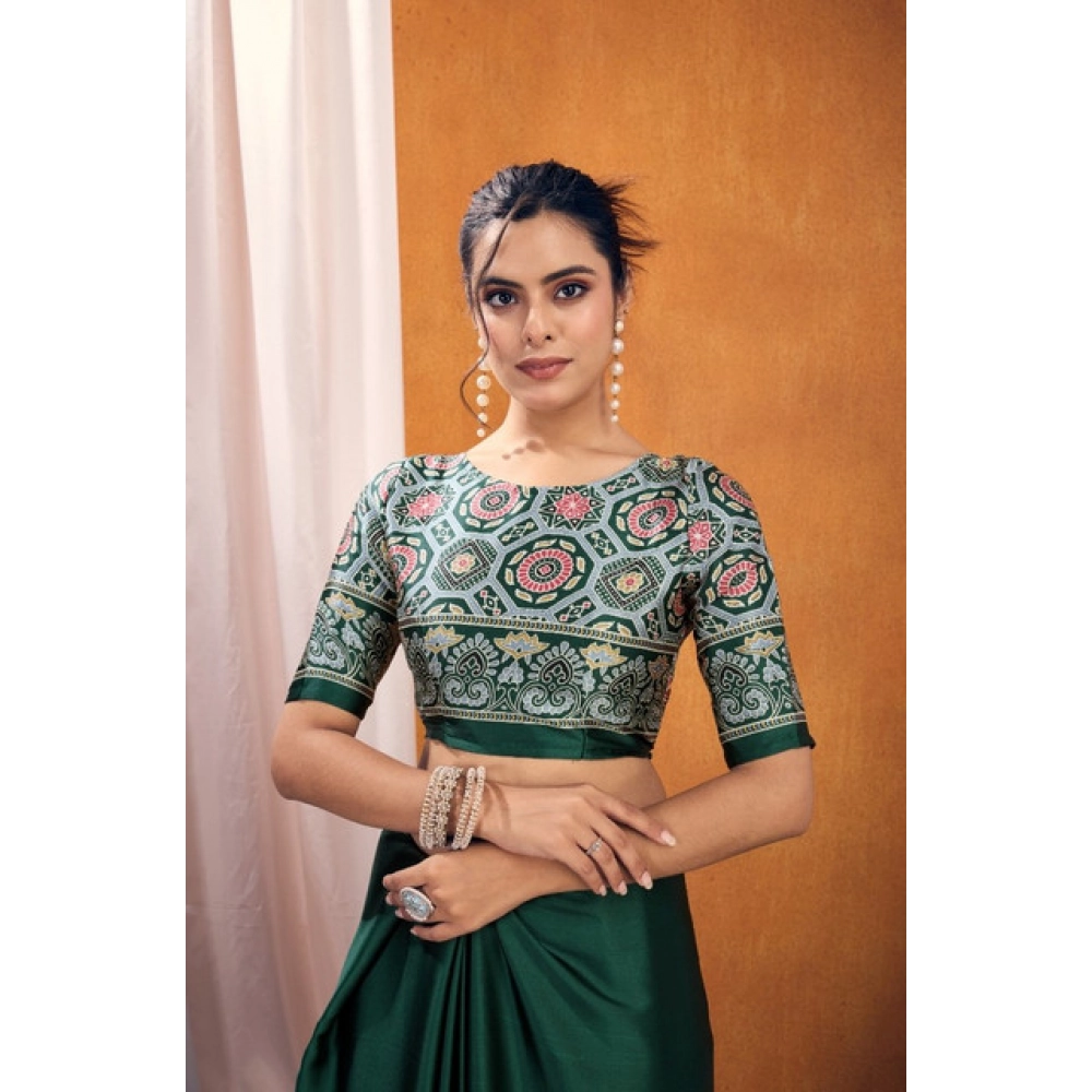 Women's Satin Crepe Printed Saree With Unstitched Blouse 5.5Mtr (Bottle Green) - Image 2