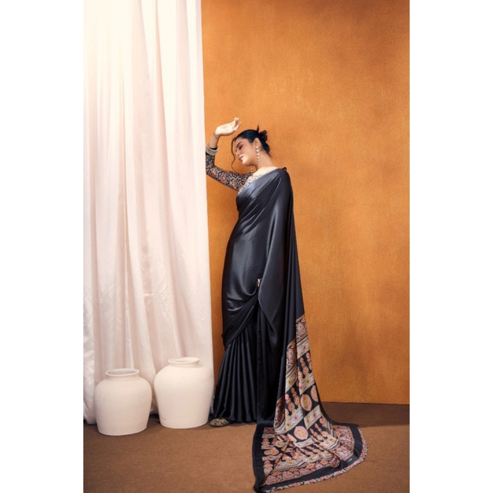 Women's Satin Crepe Printed Saree With Unstitched Blouse 5.5Mtr (Black) - Image 4