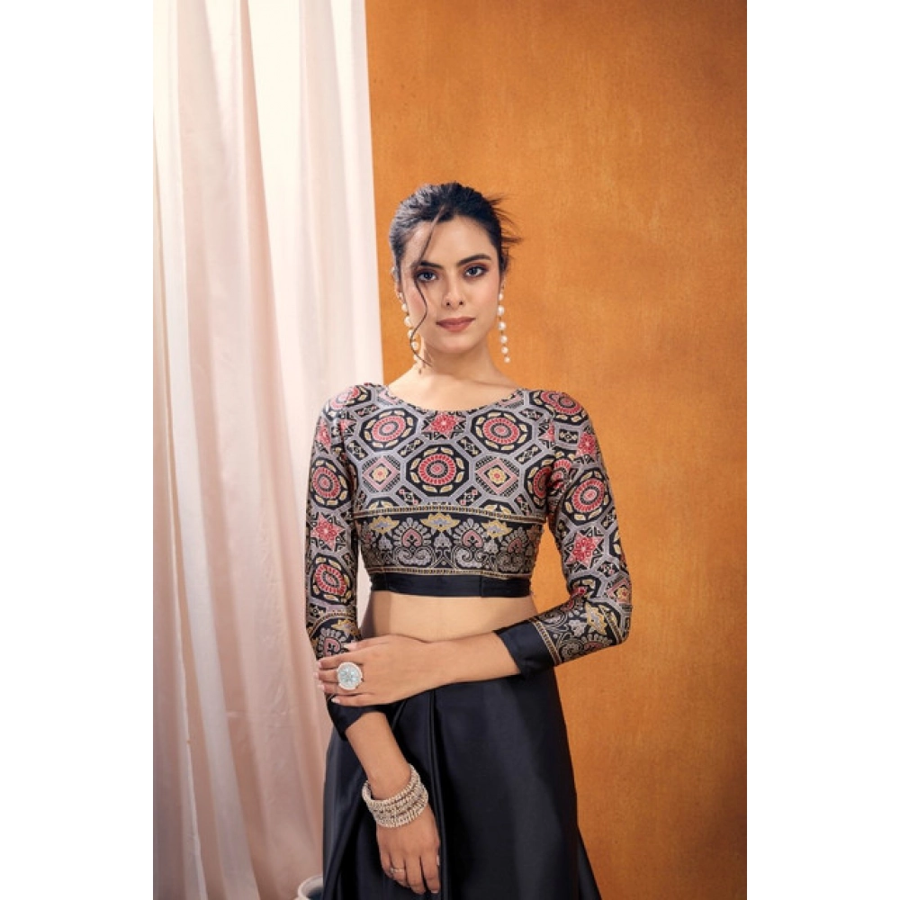 Women's Satin Crepe Printed Saree With Unstitched Blouse 5.5Mtr (Black) - Image 2