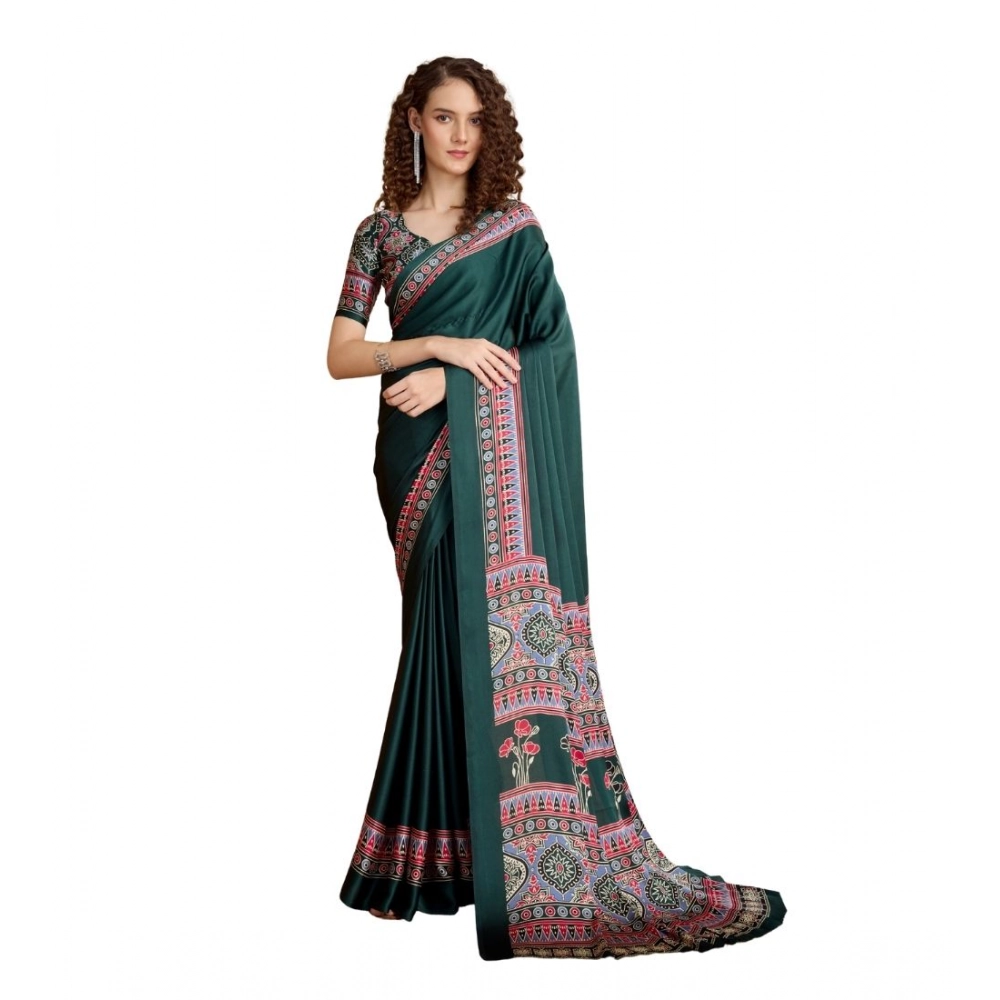 Women's Satin Crepe Printed Saree With Unstitched Blouse 5.5Mtr (Green)