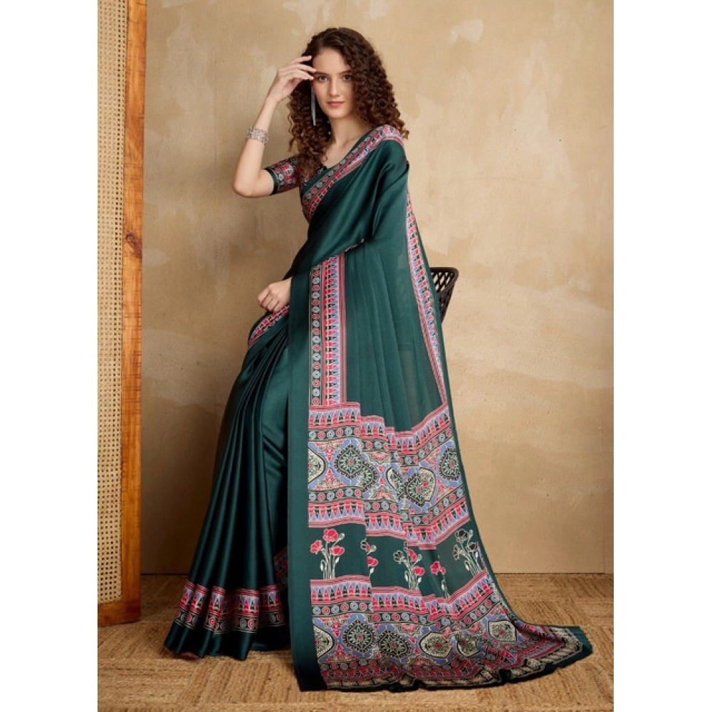 Women's Satin Crepe Printed Saree With Unstitched Blouse 5.5Mtr (Green) - Image 3