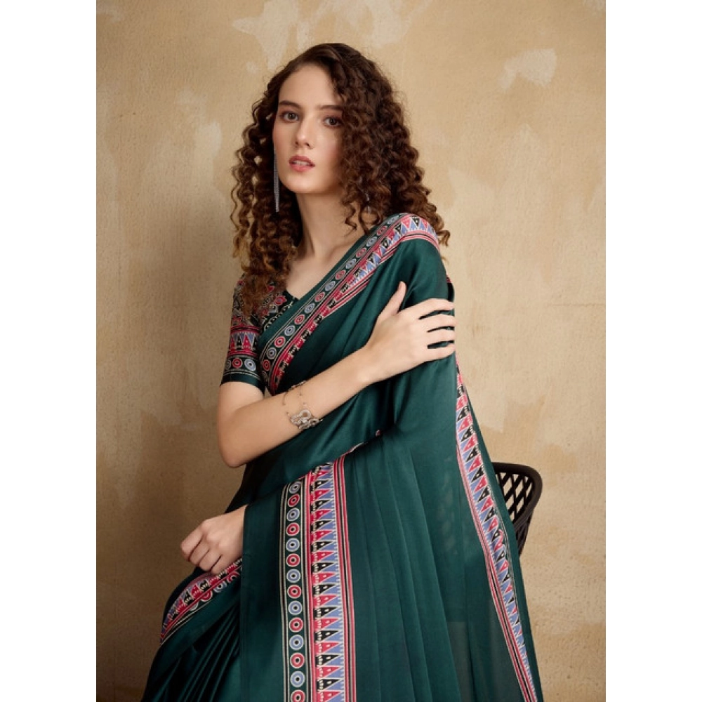 Women's Satin Crepe Printed Saree With Unstitched Blouse 5.5Mtr (Green) - Image 2