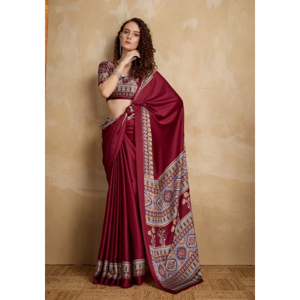 Women's Satin Crepe Printed Saree With Unstitched Blouse 5.5Mtr (Maroon) - Image 3