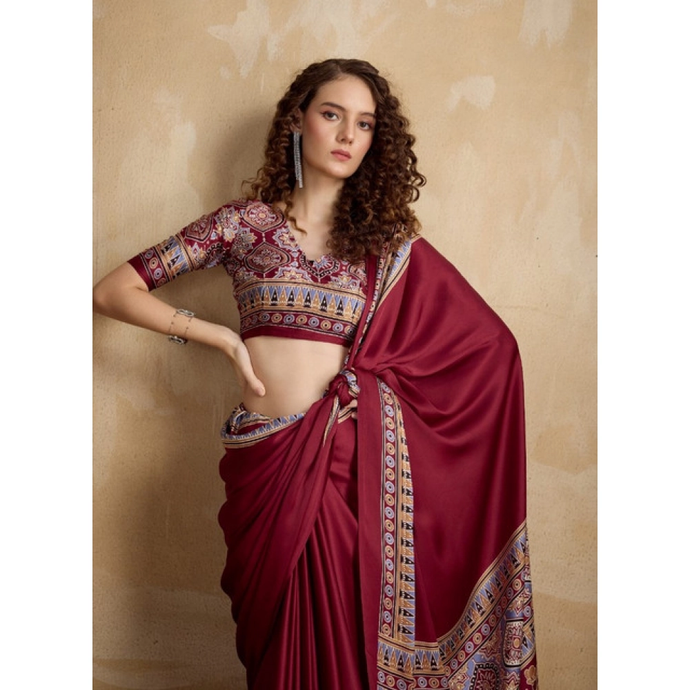 Women's Satin Crepe Printed Saree With Unstitched Blouse 5.5Mtr (Maroon) - Image 2