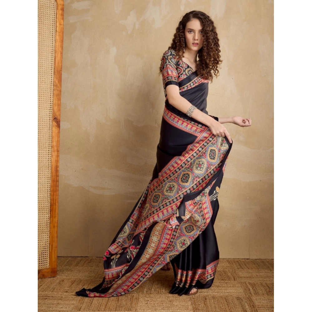 Women's Satin Crepe Printed Saree With Unstitched Blouse 5.5Mtr (Black) - Image 3