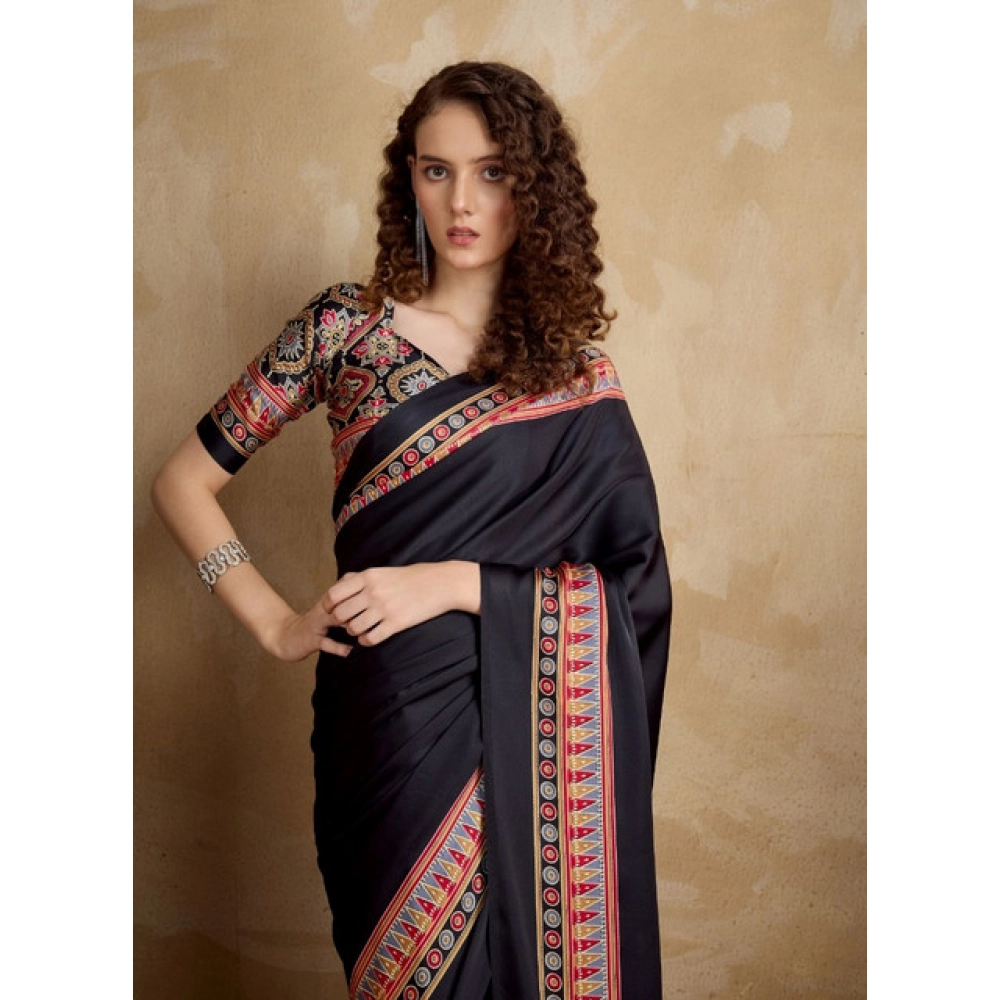 Women's Satin Crepe Printed Saree With Unstitched Blouse 5.5Mtr (Black) - Image 2