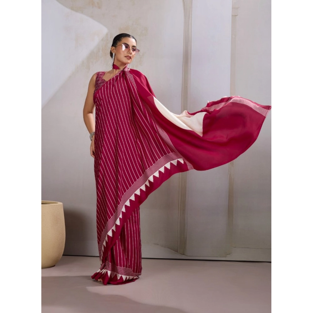 Women's Satin Crepe Printed Saree With Unstitched Blouse 5.5Mtr (Maroon) - Image 4
