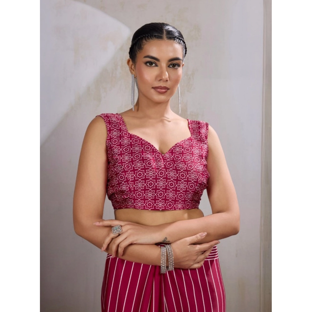 Women's Satin Crepe Printed Saree With Unstitched Blouse 5.5Mtr (Maroon) - Image 2