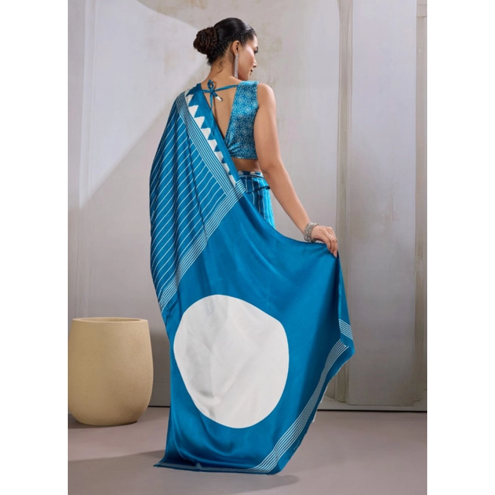 Women's Satin Crepe Printed Saree With Unstitched Blouse 5.5Mtr (Rama Blue) - Image 4