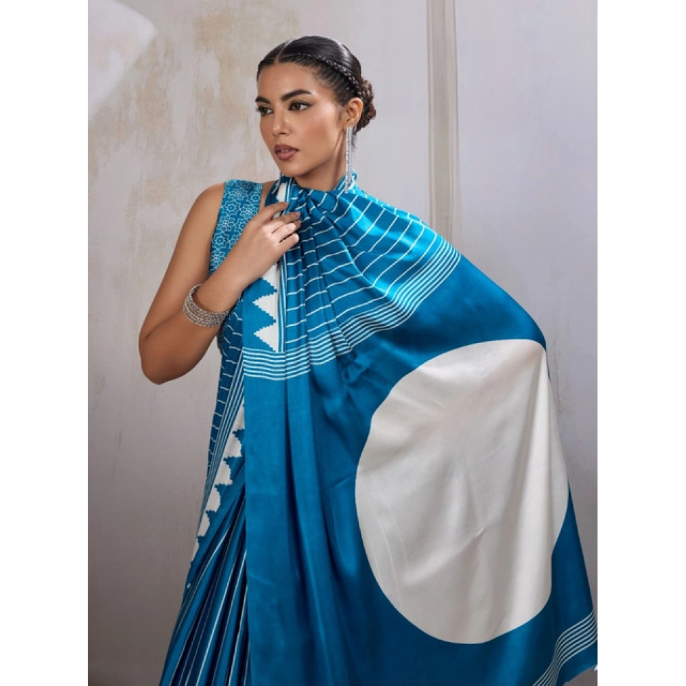 Women's Satin Crepe Printed Saree With Unstitched Blouse 5.5Mtr (Rama Blue) - Image 3