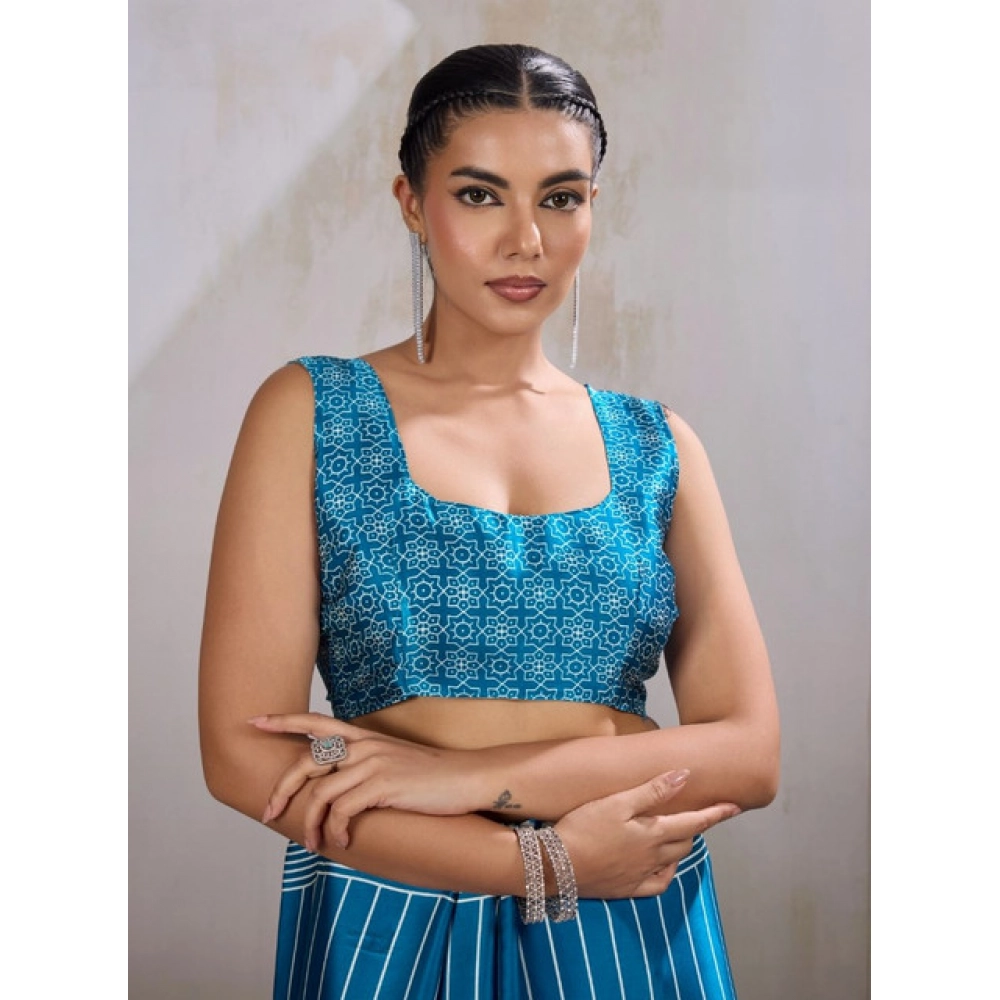 Women's Satin Crepe Printed Saree With Unstitched Blouse 5.5Mtr (Rama Blue) - Image 2