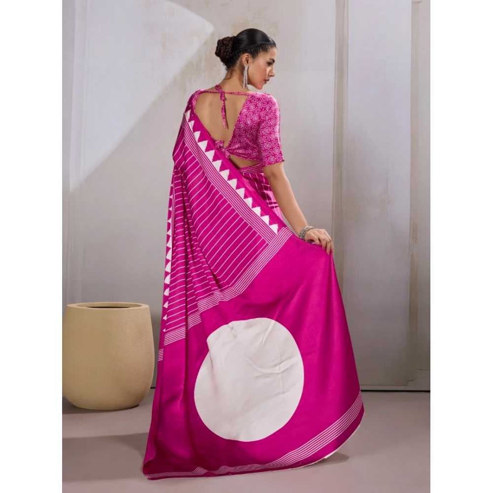 Women's Satin Crepe Printed Saree With Unstitched Blouse 5.5Mtr (Pink) - Image 4