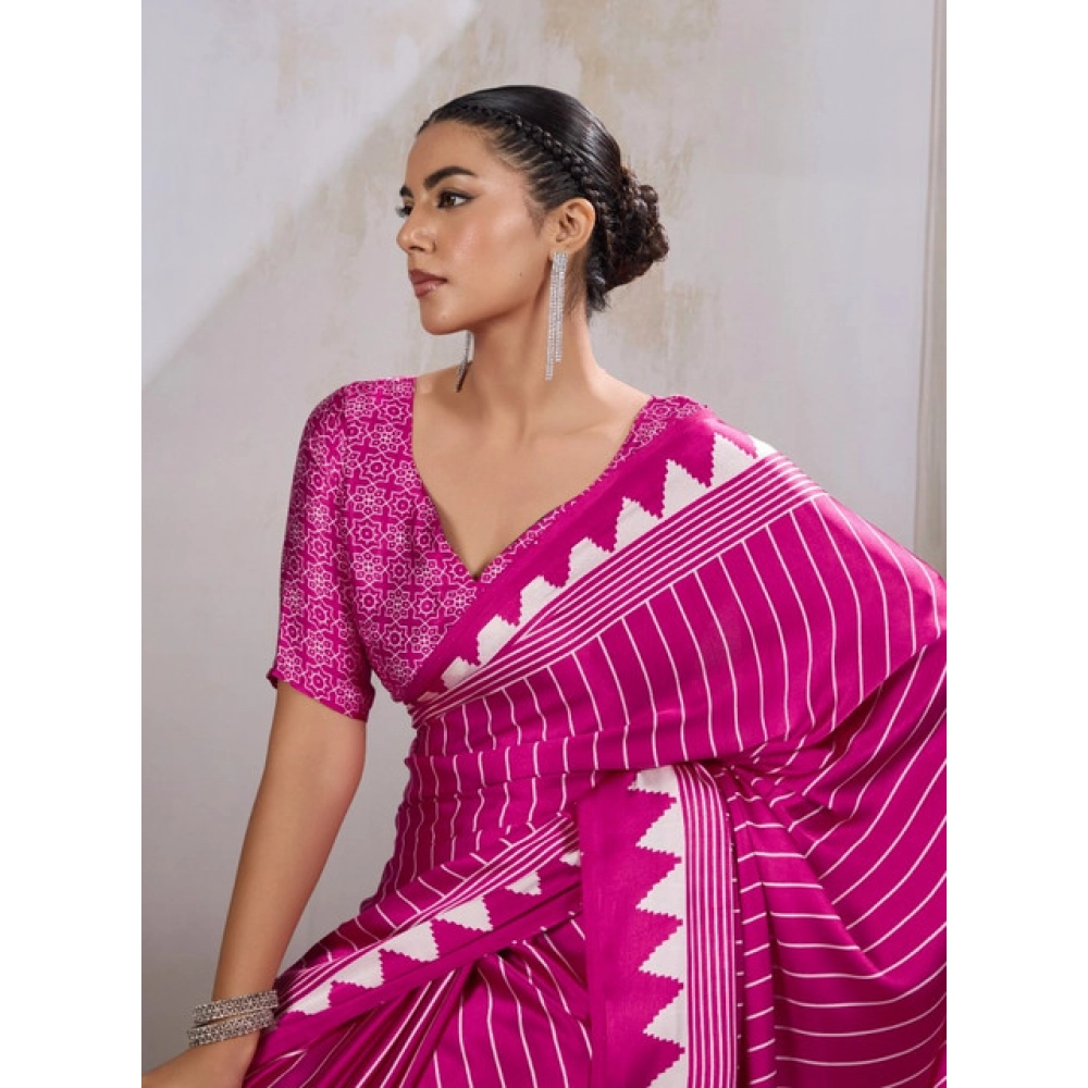 Women's Satin Crepe Printed Saree With Unstitched Blouse 5.5Mtr (Pink) - Image 3