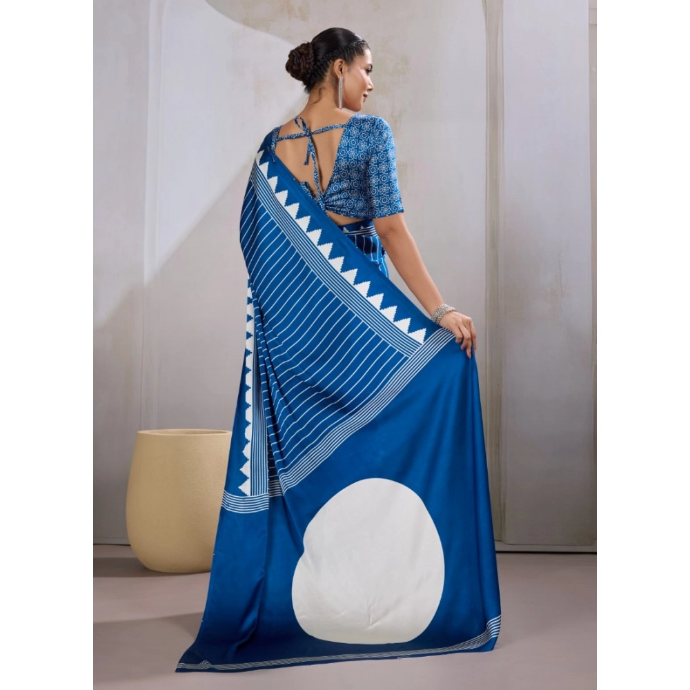 Women's Satin Crepe Printed Saree With Unstitched Blouse 5.5Mtr (Blue) - Image 4