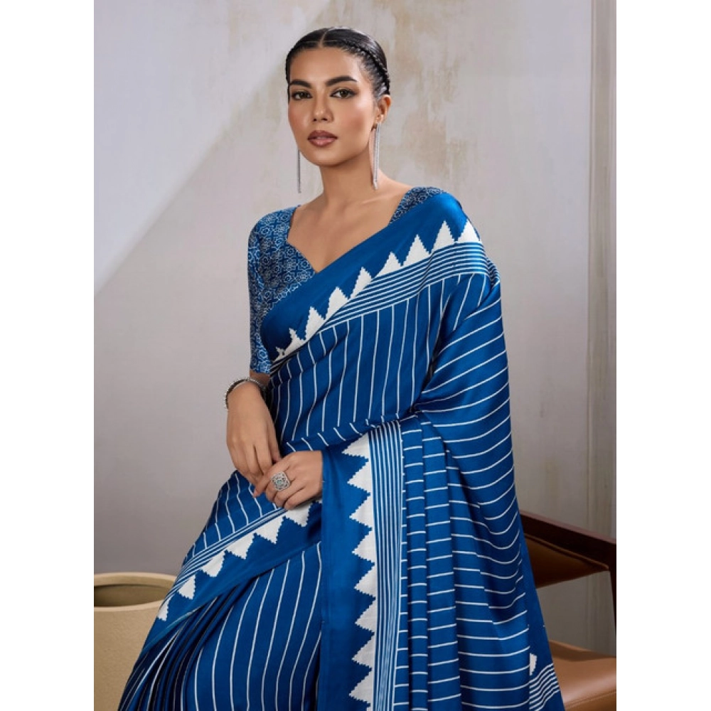 Women's Satin Crepe Printed Saree With Unstitched Blouse 5.5Mtr (Blue) - Image 3