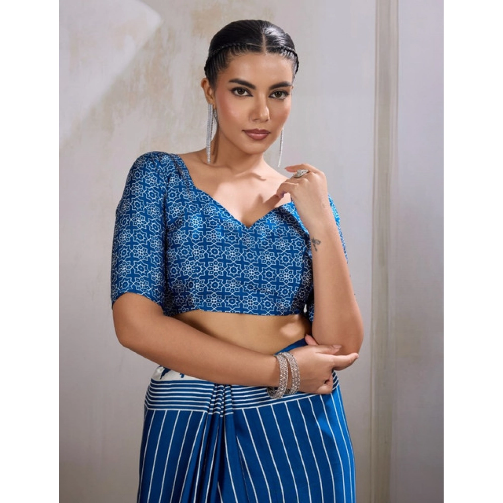 Women's Satin Crepe Printed Saree With Unstitched Blouse 5.5Mtr (Blue) - Image 2