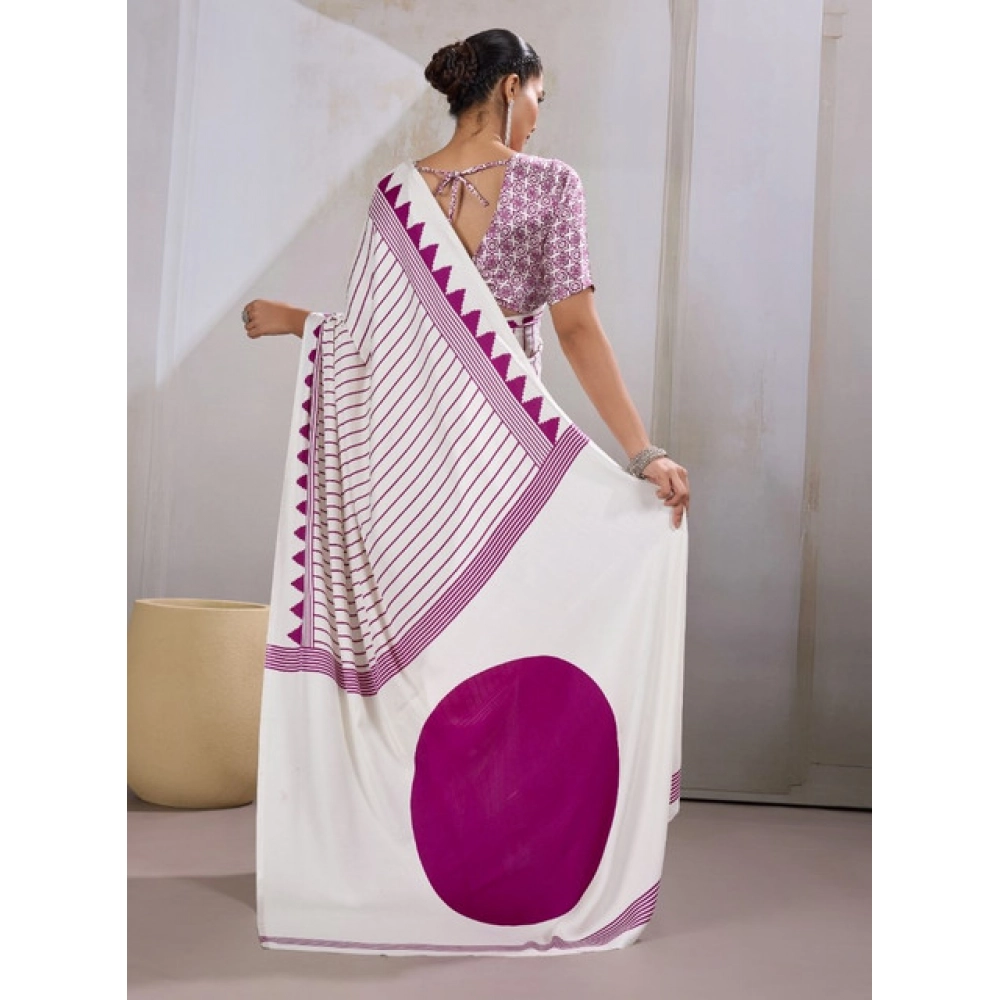 Women's Satin Crepe Printed Saree With Unstitched Blouse 5.5Mtr (White) - Image 4