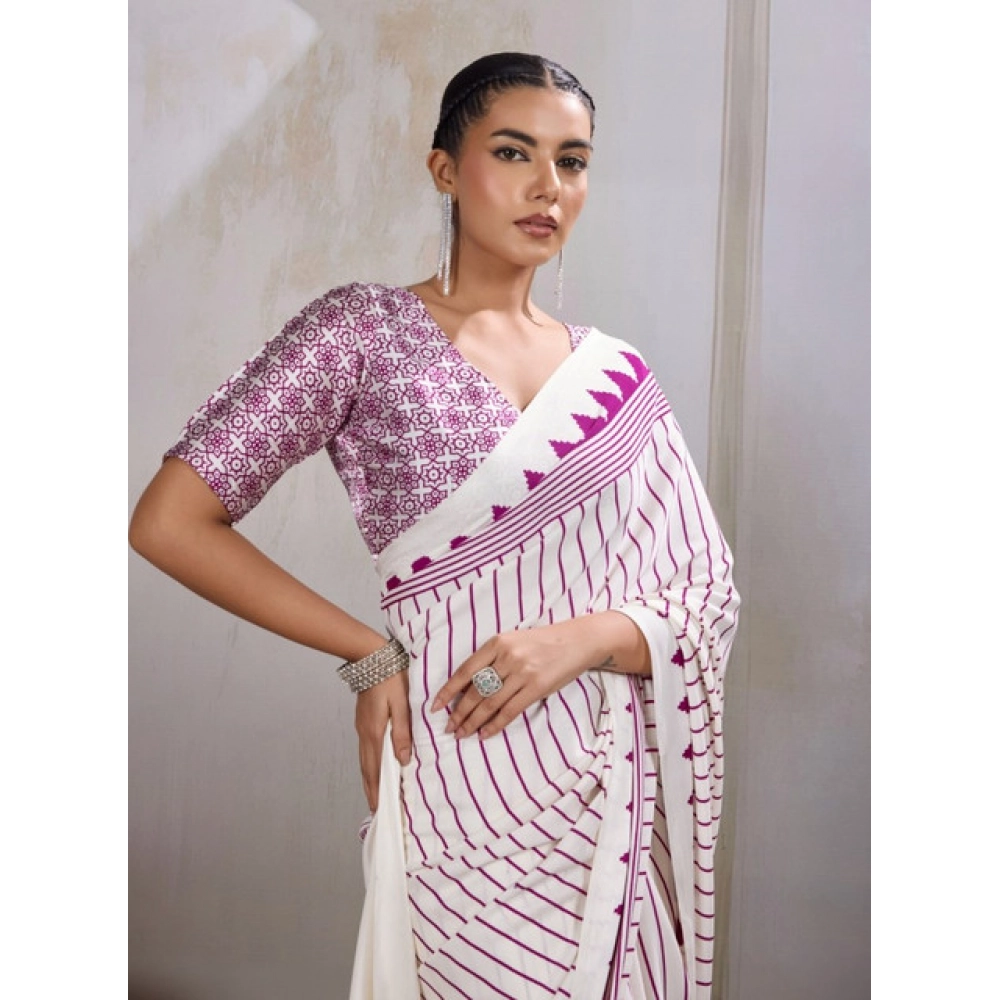 Women's Satin Crepe Printed Saree With Unstitched Blouse 5.5Mtr (White) - Image 3