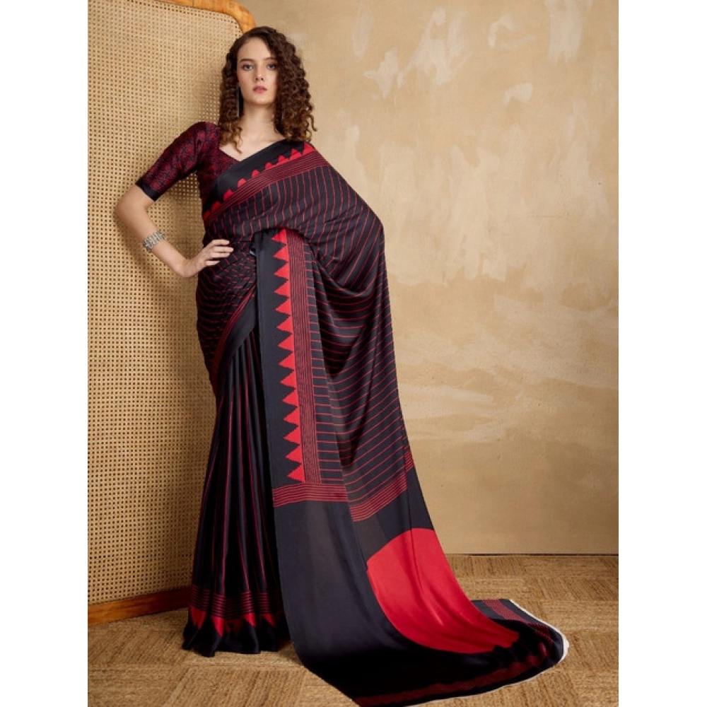 Women's Satin Crepe Printed Saree With Unstitched Blouse 5.5Mtr (Black) - Image 3