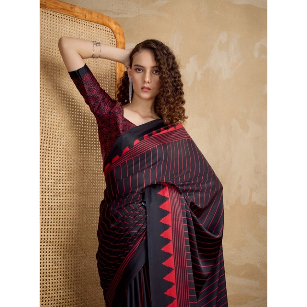 Women's Satin Crepe Printed Saree With Unstitched Blouse 5.5Mtr (Black) - Image 2