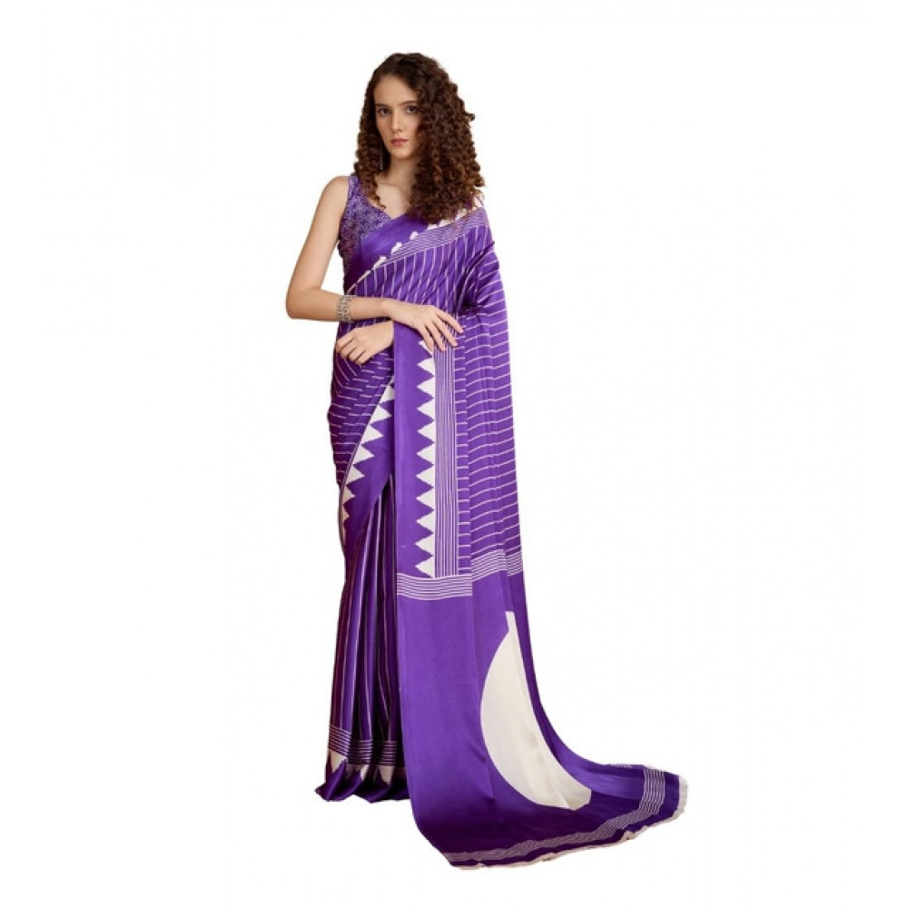 Women's Satin Crepe Printed Saree With Unstitched Blouse 5.5Mtr (Lavender)