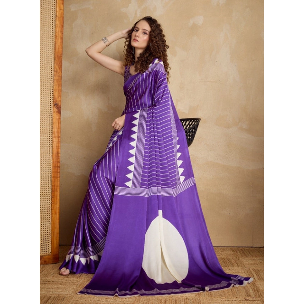 Women's Satin Crepe Printed Saree With Unstitched Blouse 5.5Mtr (Lavender) - Image 3