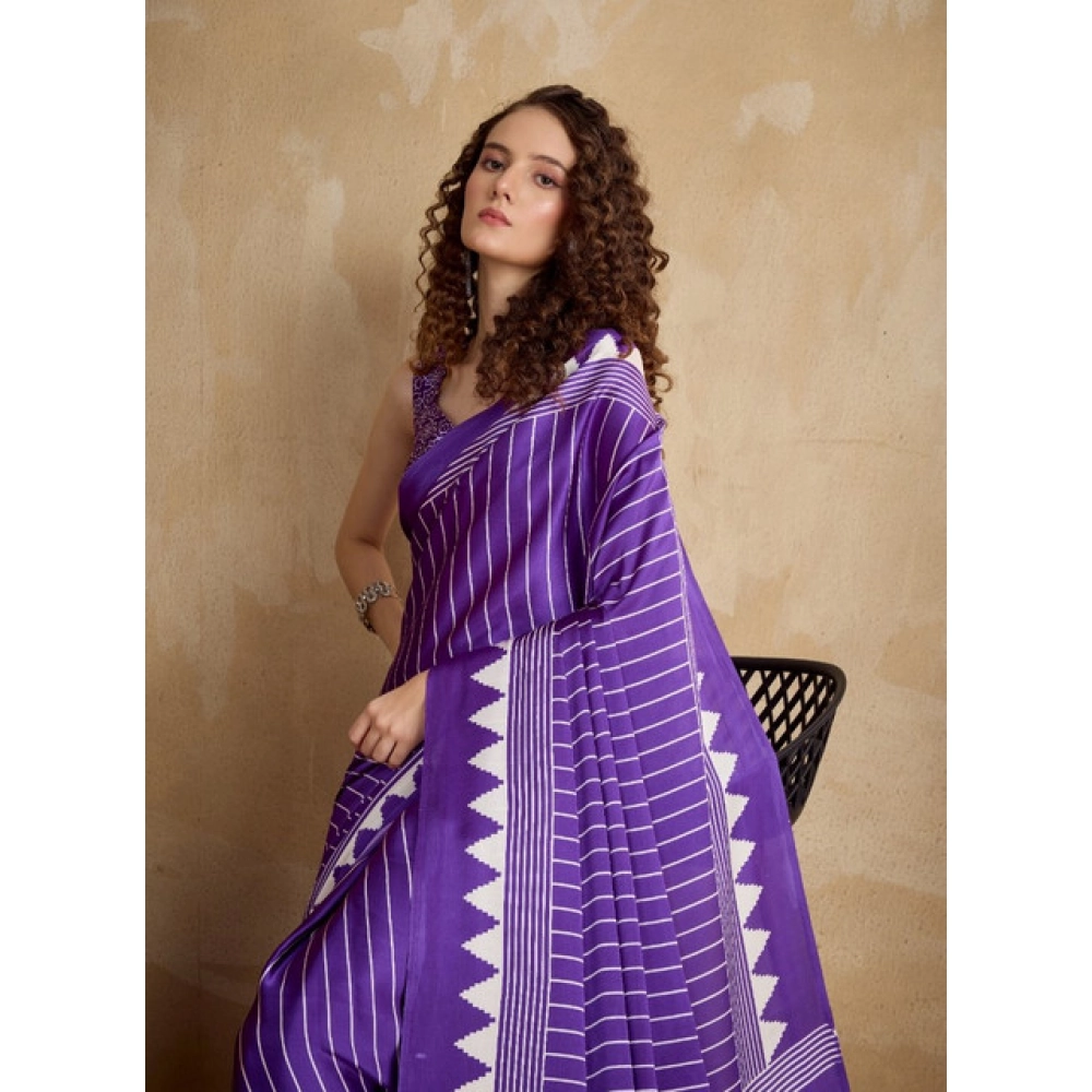 Women's Satin Crepe Printed Saree With Unstitched Blouse 5.5Mtr (Lavender) - Image 2