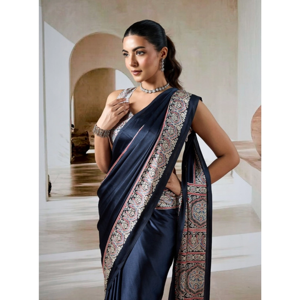 Women's Satin Crepe Printed Saree With Unstitched Blouse 5.5Mtr (Navy Blue) - Image 3