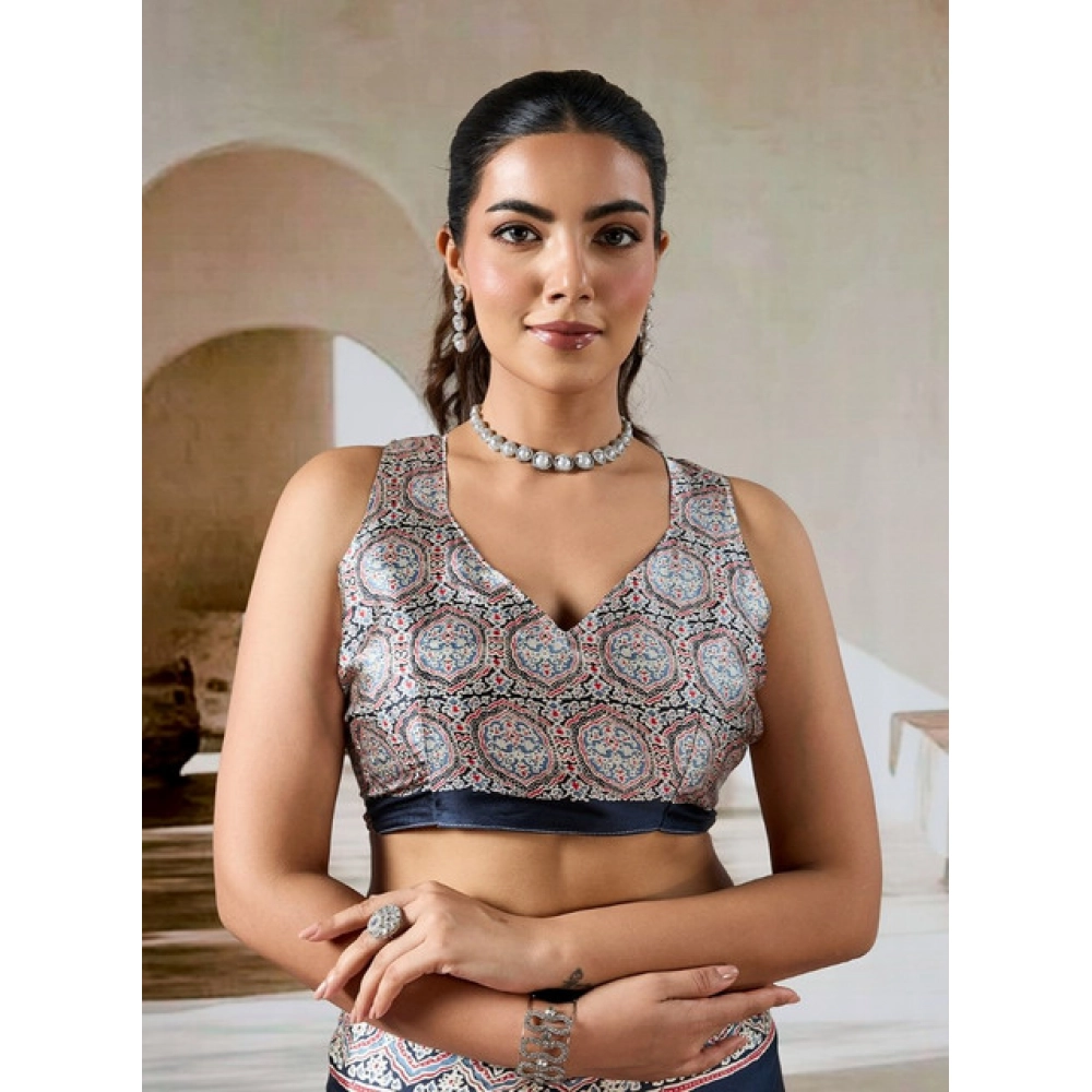 Women's Satin Crepe Printed Saree With Unstitched Blouse 5.5Mtr (Navy Blue) - Image 2