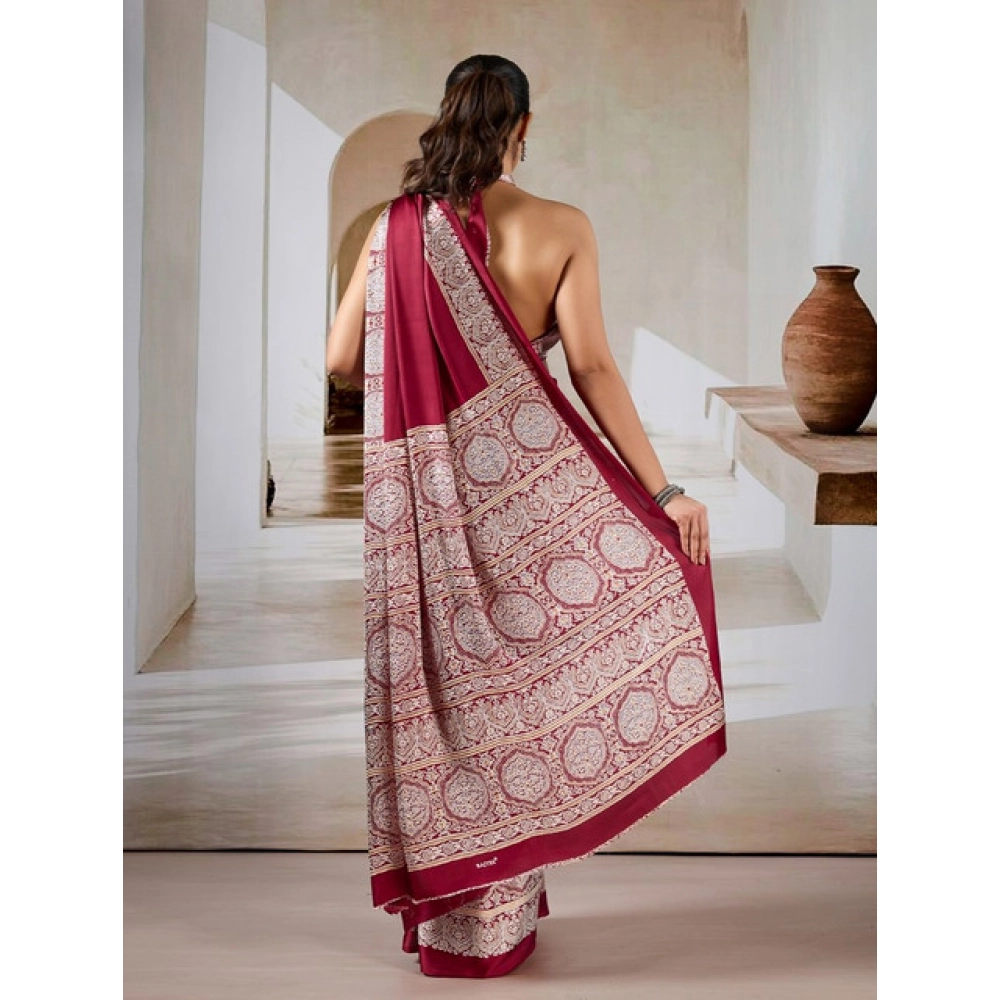 Women's Satin Crepe Printed Saree With Unstitched Blouse 5.5Mtr (Maroon) - Image 4