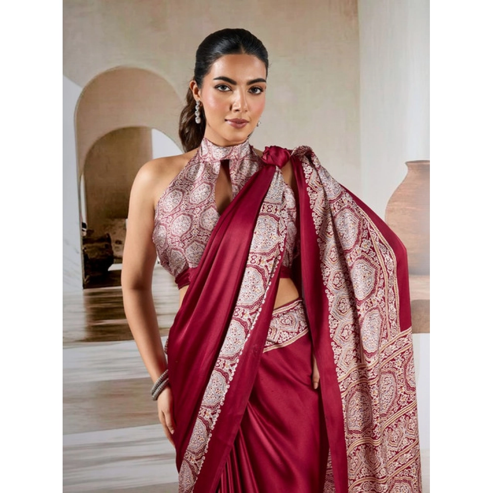 Women's Satin Crepe Printed Saree With Unstitched Blouse 5.5Mtr (Maroon) - Image 3