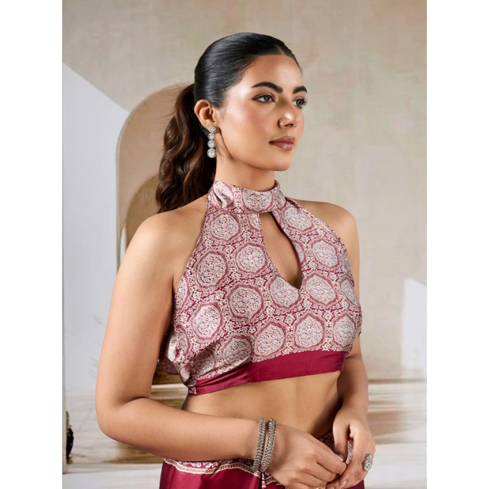 Women's Satin Crepe Printed Saree With Unstitched Blouse 5.5Mtr (Maroon) - Image 2