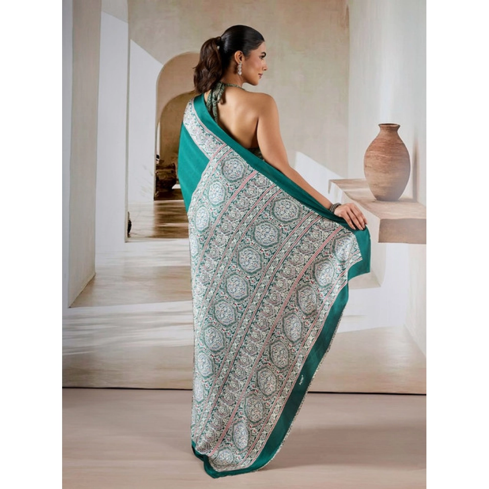Women's Satin Crepe Printed Saree With Unstitched Blouse 5.5Mtr (Green) - Image 4